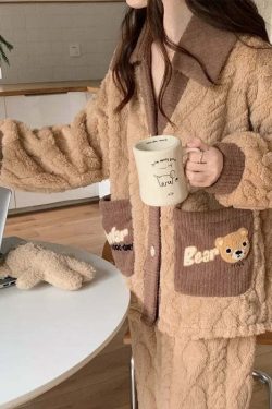 Y2K Grunge Coral Fleece Pajamas - Retro 90S Winter Loungewear Set For Women - Sweet Home Wear