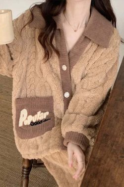 Y2K Grunge Coral Fleece Pajamas - Retro 90S Winter Loungewear Set For Women - Sweet Home Wear