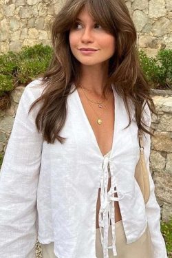 Y2K Grunge Cotton Linen Lace-Up Bow Hollow Out V-Neck Long Sleeve Top - Retro 90S Streetwear