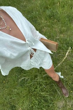 Y2K Grunge Cotton Linen Lace-Up Bow Hollow Out V-Neck Long Sleeve Top - Retro 90S Streetwear