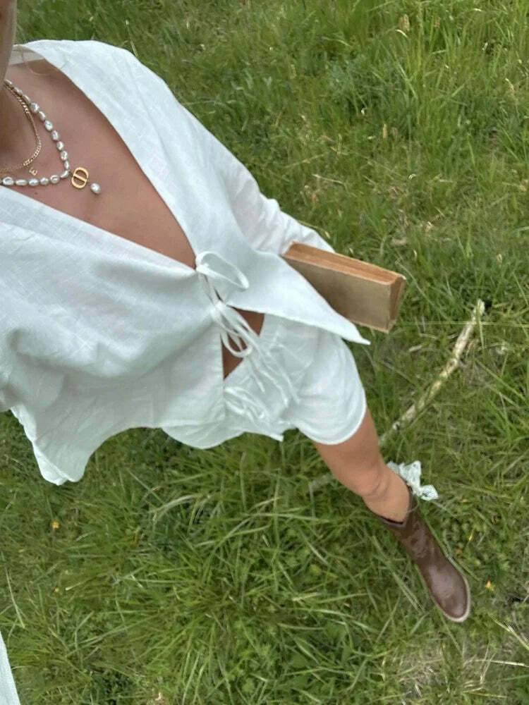 Y2K Grunge Cotton Linen Lace-Up Bow Hollow Out V-Neck Long Sleeve Top - Retro 90S Streetwear Y2K Grunge Cotton Linen Lace-Up Bow Hollow Out V-Neck Long Sleeve Top - Retro 90S Streetwear