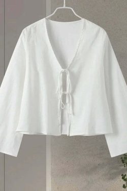 Y2K Grunge Cotton Linen Lace-Up Bow Hollow Out V-Neck Long Sleeve Top - Retro 90S Streetwear