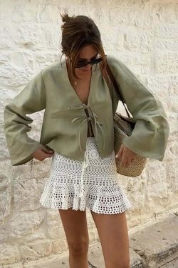 Y2K Grunge Cotton Linen Lace-Up Bow Hollow Out V-Neck Long Sleeve Top - Retro 90S Streetwear