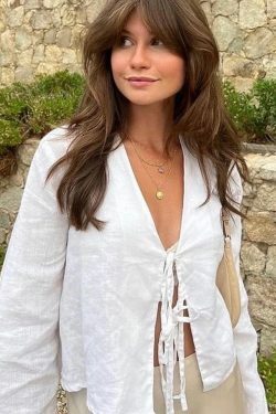 Y2K Grunge Cotton Linen Lace-Up Bow Hollow Out V-Neck Long Sleeve Top - Retro 90S Streetwear