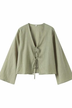 Y2K Grunge Cotton Linen Lace-Up Bow Hollow Out V-Neck Long Sleeve Top - Retro 90S Streetwear