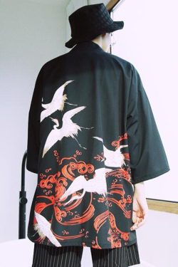 Y2K Grunge Crane Kimono Jacket - Retro 90S Summer Outfit, Pastel Goth, Y2K Fashion Staple