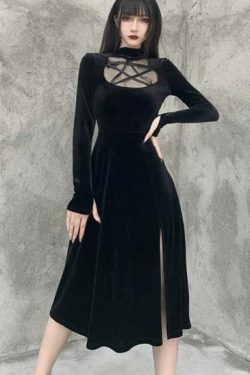 Y2K Grunge Dark Velvet Dress - Retro 90S Fashion, Summer Party, Club & Popstar Outfits