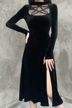 Y2K Grunge Dark Velvet Dress - Retro 90S Fashion, Summer Party, Club & Popstar Outfits