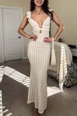 Y2K Grunge Deep V Neck Sleeveless Slim High Waist Long Dress - Retro 90S Summer Beach Outfit