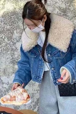 Y2K Grunge Denim Fleece Jacket With Faux Fur Collar - Retro 90S Winter Coat For Women