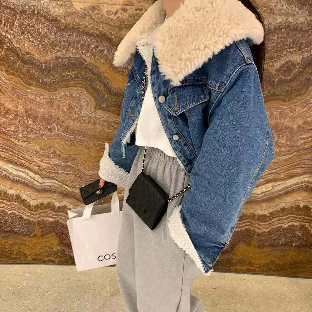 Y2K Grunge Denim Fleece Jacket With Faux Fur Collar - Retro 90S Winter Coat For Women Y2K Grunge Denim Fleece Jacket With Faux Fur Collar - Retro 90S Winter Coat For Women