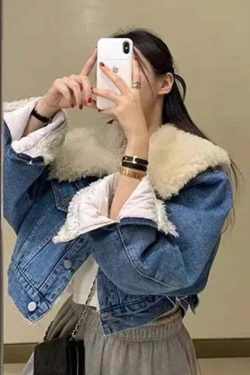 Y2K Grunge Denim Fleece Jacket With Faux Fur Collar - Retro 90S Winter Coat For Women