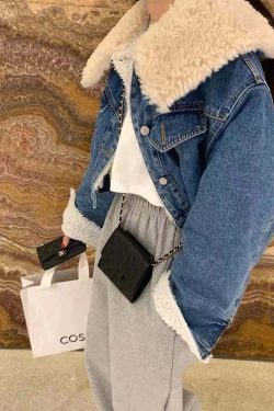 Y2K Grunge Denim Fleece Jacket With Faux Fur Collar - Retro 90S Winter Coat For Women