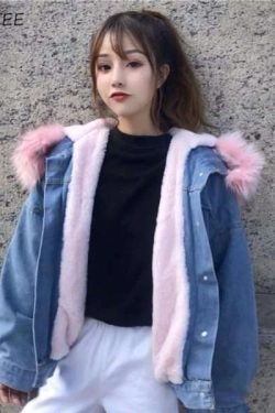 Y2K Grunge Denim Fur Jacket - 90S Fashion, Retro Style, Y2K Summer Outfits, Y2K Club Look