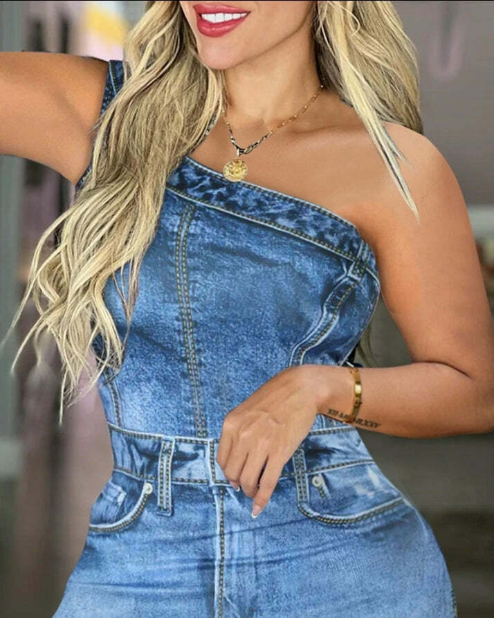 Y2K Grunge Denim Look One Shoulder Bodycon Dress - Sexy Sleeveless 90S Summer Outfit