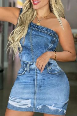 Y2K Grunge Denim Look One Shoulder Bodycon Dress - Sexy Sleeveless 90S Summer Outfit