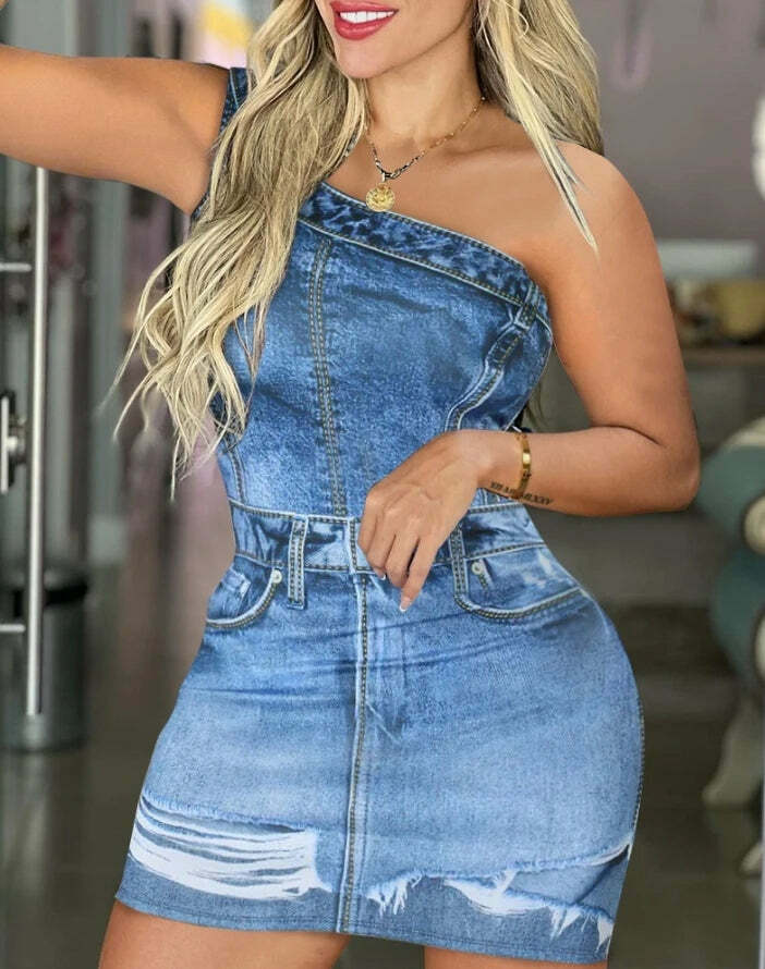 Y2K Grunge Denim Look One Shoulder Bodycon Dress - Sexy Sleeveless 90S Summer Outfit