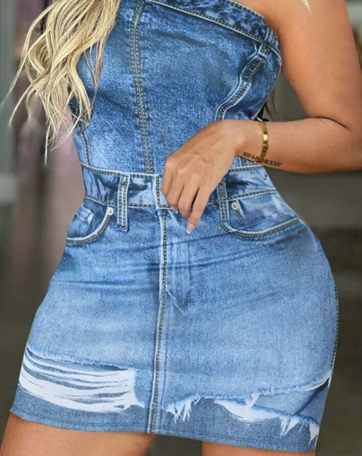 Y2K Grunge Denim Look One Shoulder Bodycon Dress - Sexy Sleeveless 90S Summer Outfit