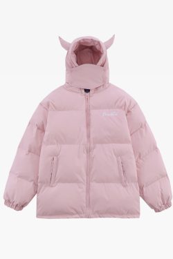 Y2K Grunge Devil Horn Puffer Jacket - Retro 90S Fashion, Gothic Y2K, Summer Y2K Outfits