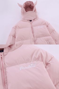 Y2K Grunge Devil Horn Puffer Jacket - Retro 90S Fashion, Gothic Y2K, Summer Y2K Outfits