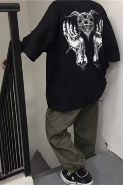 Y2K Grunge Devil Star Print Loose T-Shirt - Retro 90S Summer Outfit, Pastel Goth Style