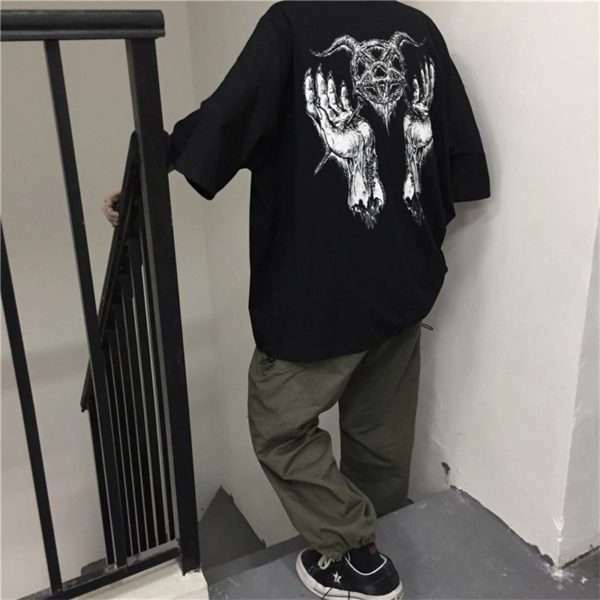 Y2K Grunge Devil Star Print Loose T-Shirt - Retro 90S Summer Outfit, Pastel Goth Style Y2K Grunge Devil Star Print Loose T-Shirt - Retro 90S Summer Outfit, Pastel Goth Style