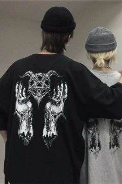 Y2K Grunge Devil Star Print Loose T-Shirt - Retro 90S Summer Outfit, Pastel Goth Style