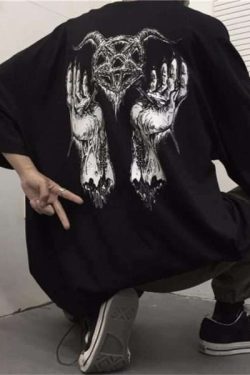 Y2K Grunge Devil Star Print Loose T-Shirt - Retro 90S Summer Outfit, Pastel Goth Style