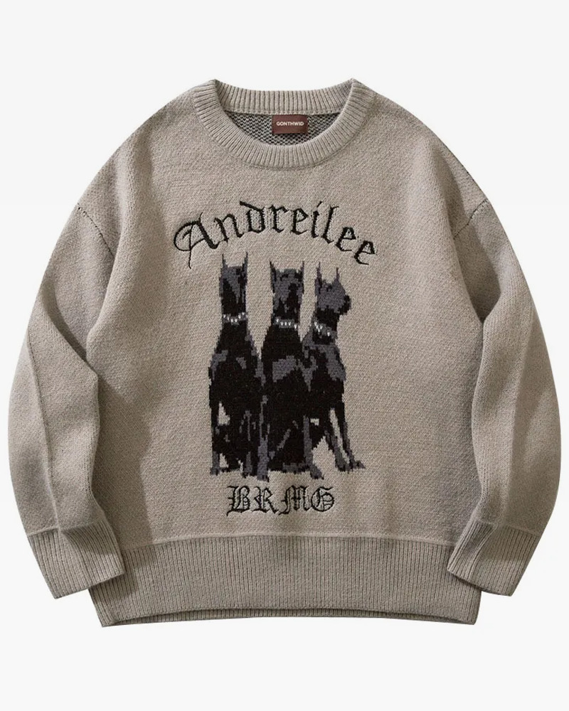 Y2K Grunge Doberman Print Sweater - Retro 90S Fashion, Y2K Outfits, And Pastel Goth Style Y2K Grunge Doberman Print Sweater - Retro 90S Fashion, Y2K Outfits, And Pastel Goth Style