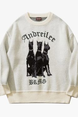 Y2K Grunge Doberman Print Sweater - Retro 90S Fashion, Y2K Outfits, And Pastel Goth Style