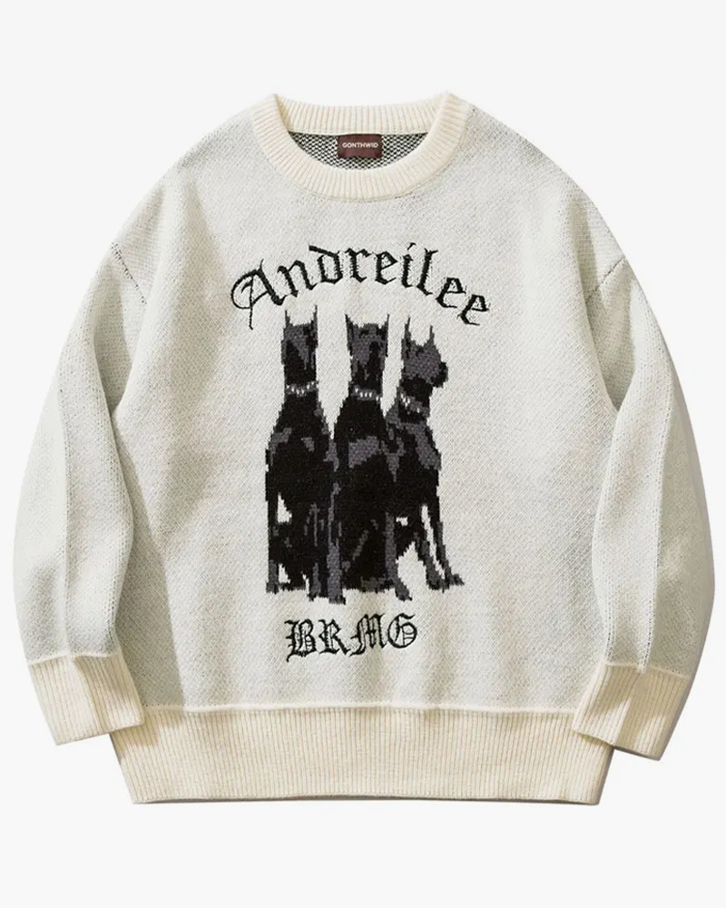 Y2K Grunge Doberman Print Sweater - Retro 90S Fashion, Y2K Outfits, And Pastel Goth Style Y2K Grunge Doberman Print Sweater - Retro 90S Fashion, Y2K Outfits, And Pastel Goth Style