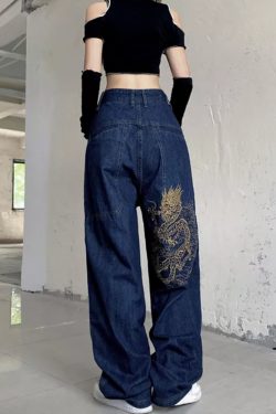 Y2K Grunge Dragon Embroidered Jeans - 90S Retro Style, Summer Y2K Outfits, Gothic Y2K Fashion