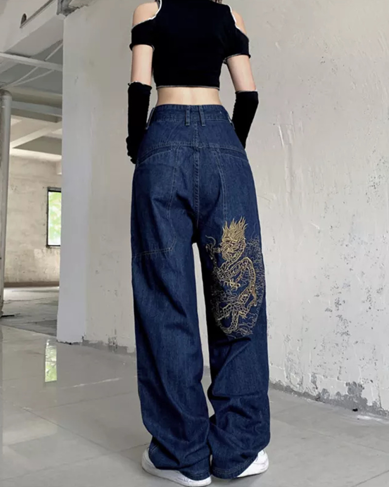 Y2K Grunge Dragon Embroidered Jeans - 90S Retro Style, Summer Y2K Outfits, Gothic Y2K Fashion