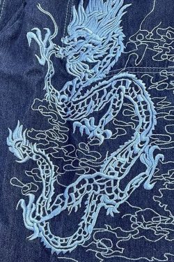 Y2K Grunge Dragon Embroidered Jeans - 90S Retro Style, Summer Y2K Outfits, Gothic Y2K Fashion