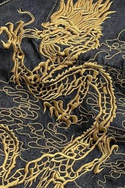 Y2K Grunge Dragon Embroidered Jeans - 90S Retro Style, Summer Y2K Outfits, Gothic Y2K Fashion