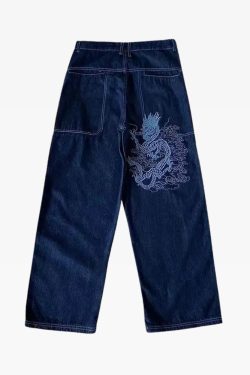 Y2K Grunge Dragon Embroidered Jeans - 90S Retro Style, Summer Y2K Outfits, Gothic Y2K Fashion