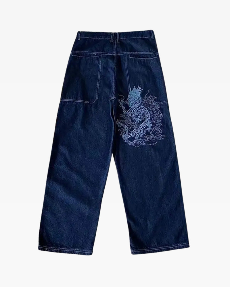 Y2K Grunge Dragon Embroidered Jeans - 90S Retro Style, Summer Y2K Outfits, Gothic Y2K Fashion Y2K Grunge Dragon Embroidered Jeans - 90S Retro Style, Summer Y2K Outfits, Gothic Y2K Fashion