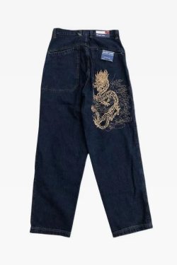 Y2K Grunge Dragon Embroidered Jeans - 90S Retro Style, Summer Y2K Outfits, Gothic Y2K Fashion
