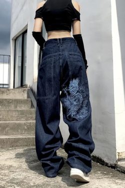 Y2K Grunge Dragon Embroidered Jeans - 90S Retro Style, Summer Y2K Outfits, Gothic Y2K Fashion
