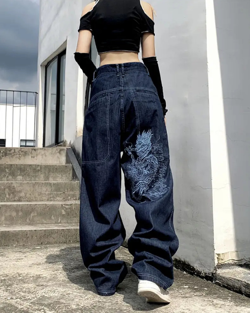 Y2K Grunge Dragon Embroidered Jeans - 90S Retro Style, Summer Y2K Outfits, Gothic Y2K Fashion Y2K Grunge Dragon Embroidered Jeans - 90S Retro Style, Summer Y2K Outfits, Gothic Y2K Fashion