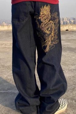 Y2K Grunge Dragon Embroidered Jeans - 90S Retro Style, Summer Y2K Outfits, Gothic Y2K Fashion