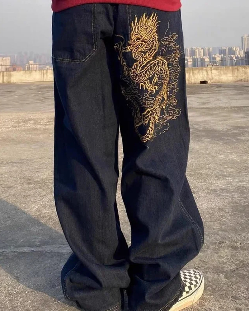 Y2K Grunge Dragon Embroidered Jeans - 90S Retro Style, Summer Y2K Outfits, Gothic Y2K Fashion