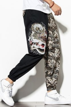 Y2K Grunge Dragon Embroidered Pants - 90S Retro Summer Outfit, Gothic Y2K Fashion