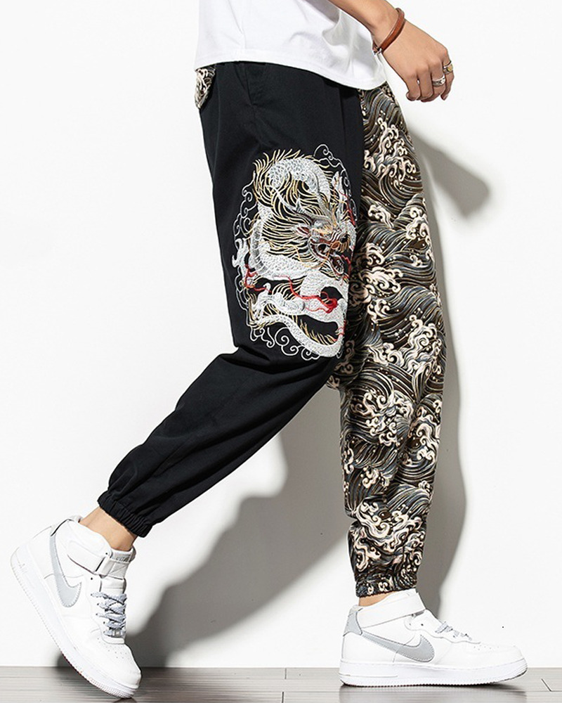 Y2K Grunge Dragon Embroidered Pants - 90S Retro Summer Outfit, Gothic Y2K Fashion