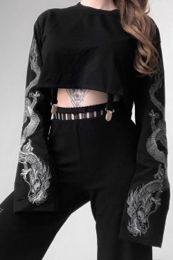 Y2K Grunge Dragon Long Sleeve Crop Top - Retro 90S Fashion, Summer Y2K Outfits, Gothic Style