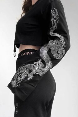 Y2K Grunge Dragon Long Sleeve Crop Top - Retro 90S Fashion, Summer Y2K Outfits, Gothic Style