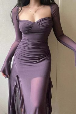 Y2K Grunge Elegant Long Skirt - Sexy Solid Color, Split Design, Ruffled Fishtail, Retro 90S Style