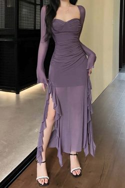 Y2K Grunge Elegant Long Skirt - Sexy Solid Color, Split Design, Ruffled Fishtail, Retro 90S Style