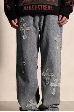 Y2K Grunge Embroidered Cross Parker Loose Pants - Retro 90S Fashion, Summer Y2K Outfits