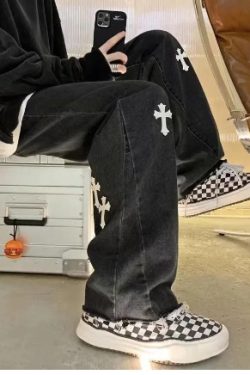 Y2K Grunge Embroidered Cross Parker Loose Pants - Retro 90S Fashion, Summer Y2K Outfits